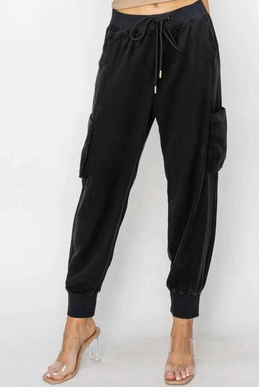 Risen Small Easy Motion Black Cargo Jogger Pants Drawstring Utility Pocket